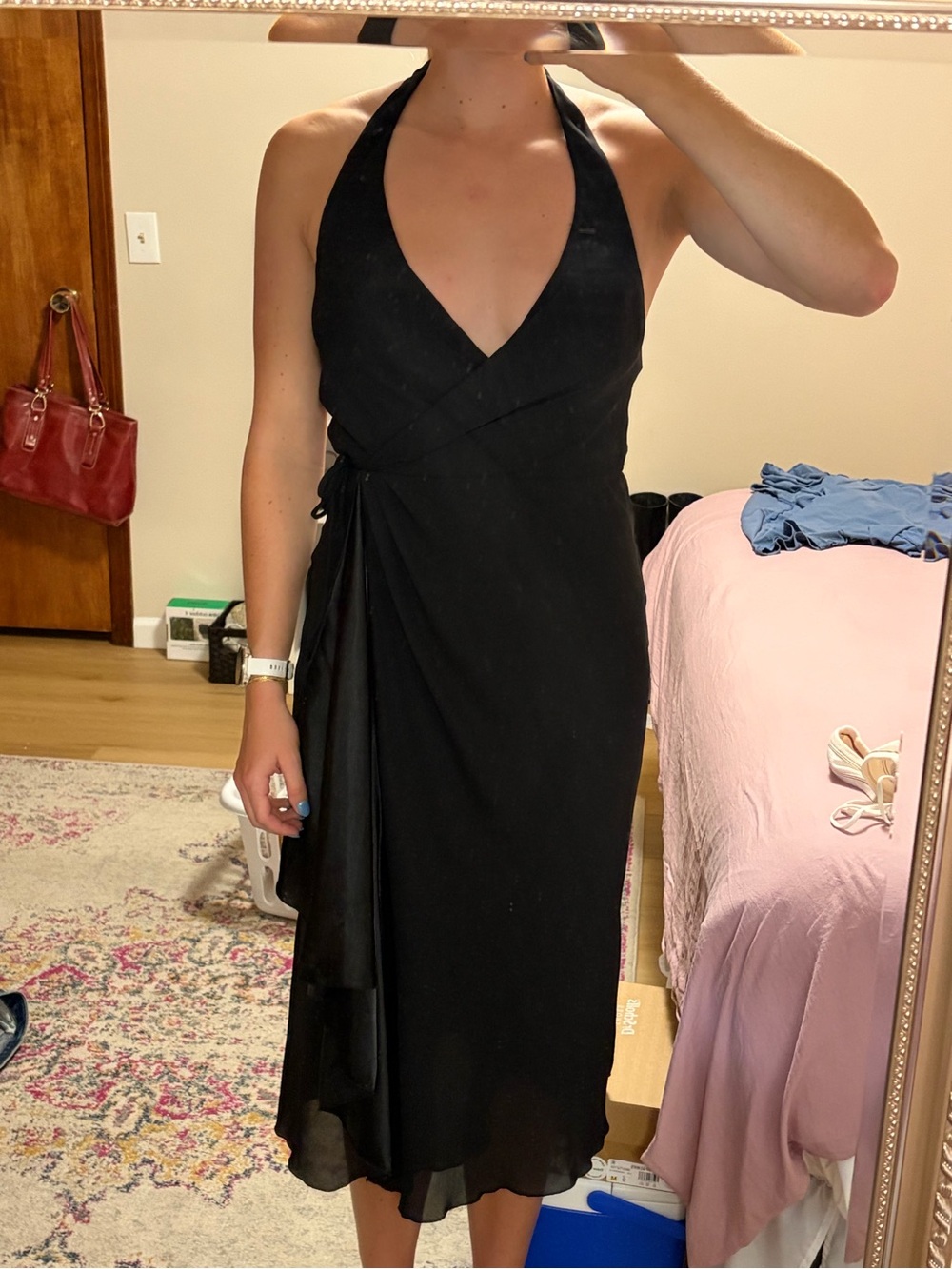 Black Halter Wrap Midi Dress
